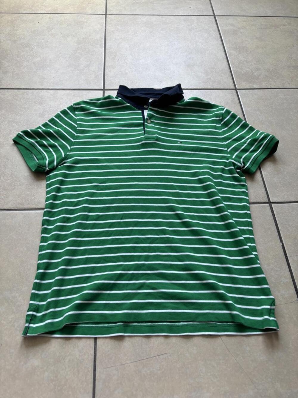Tommy Hilfiger Polo Shirt Mens Large Green White Striped Short Sleeve Casual